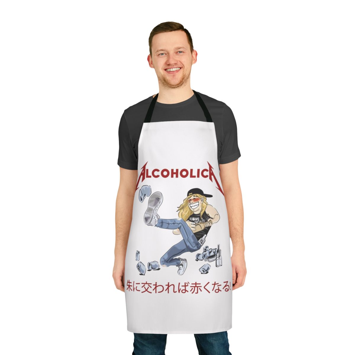 Rocking heavy metal apron with an anime-inspired illustration of a musician with long hair playing a guitar.