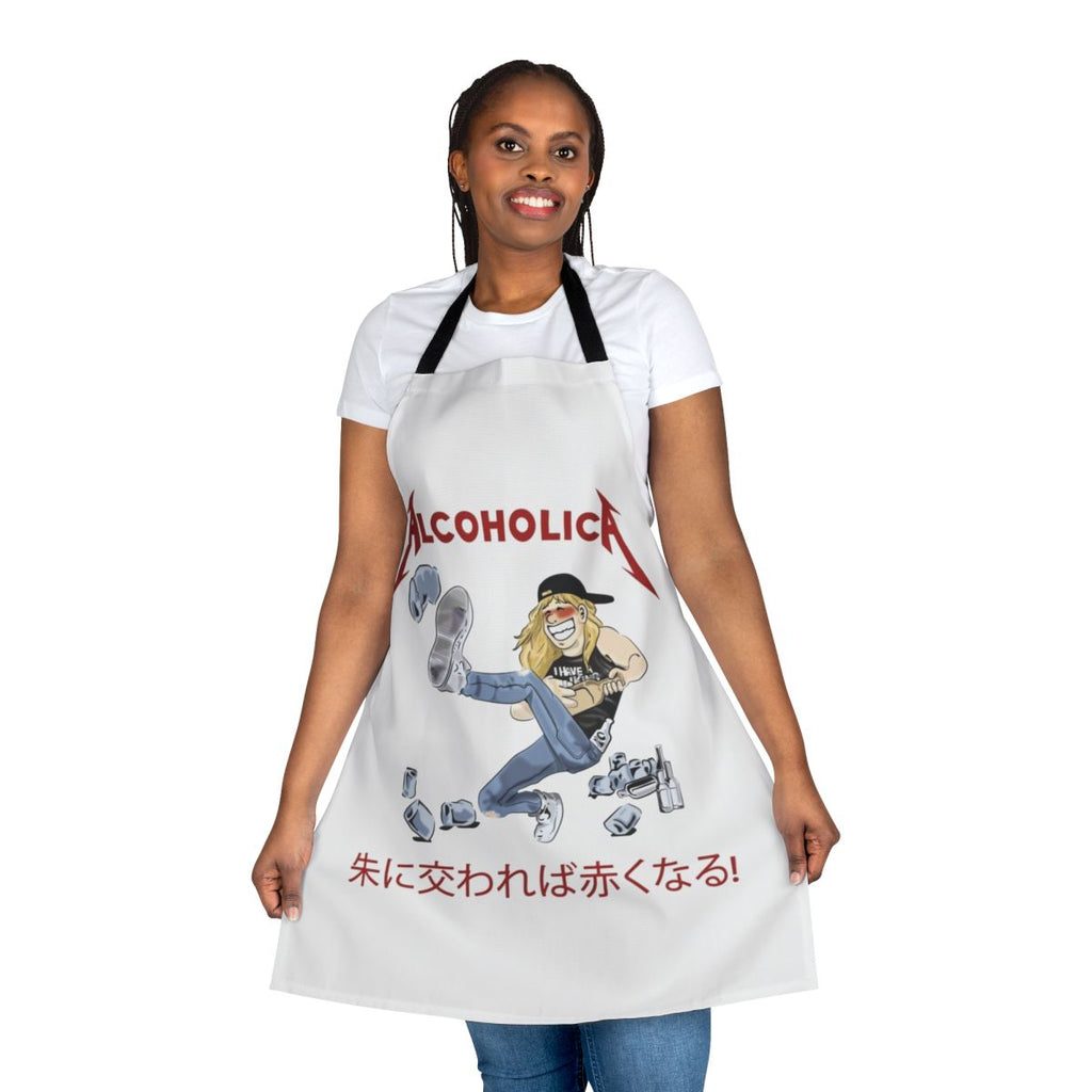Rocking heavy metal apron with an anime-inspired illustration of a musician with long hair playing a guitar.