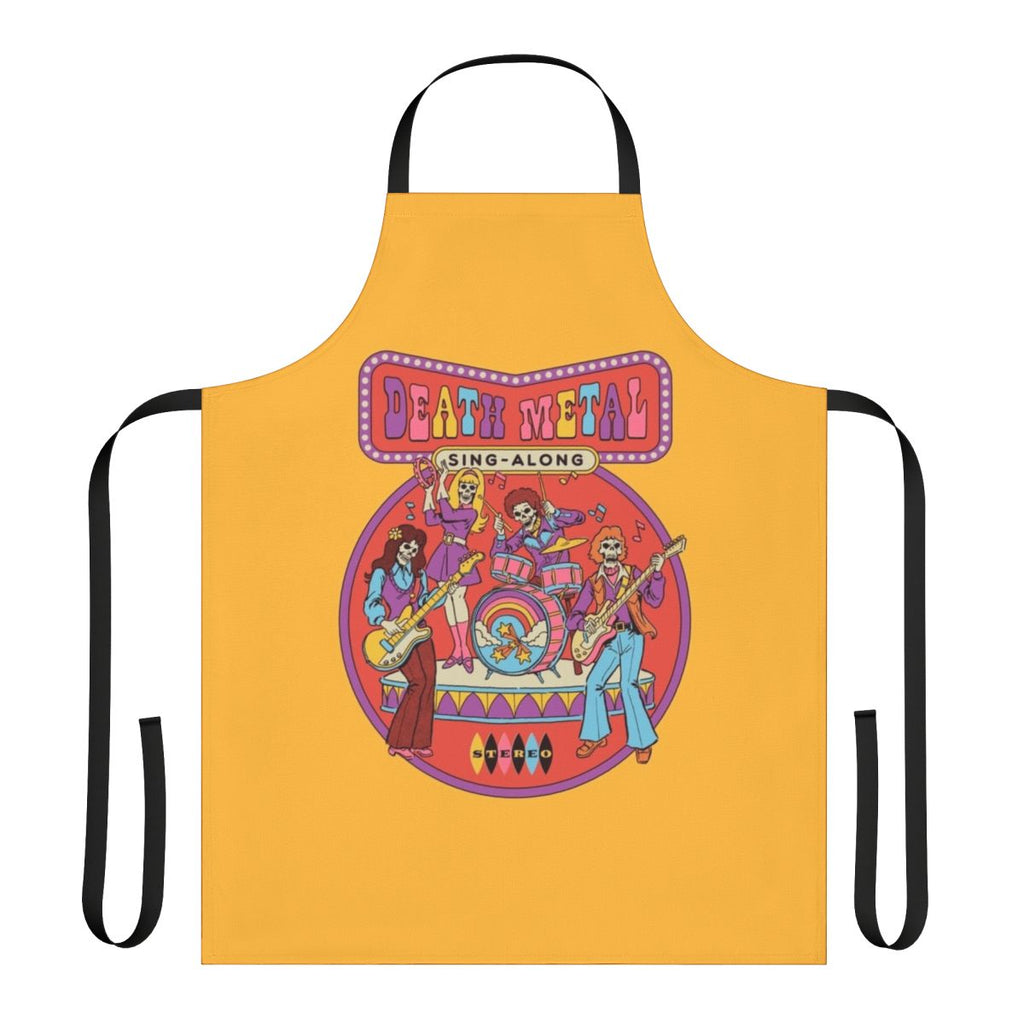 A vintage-style apron with a skeleton band and "Death Metal Sing Along" design, perfect for music and horror enthusiasts.