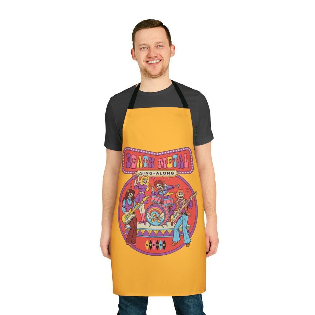 A vintage-style apron with a skeleton band and "Death Metal Sing Along" design, perfect for music and horror enthusiasts.
