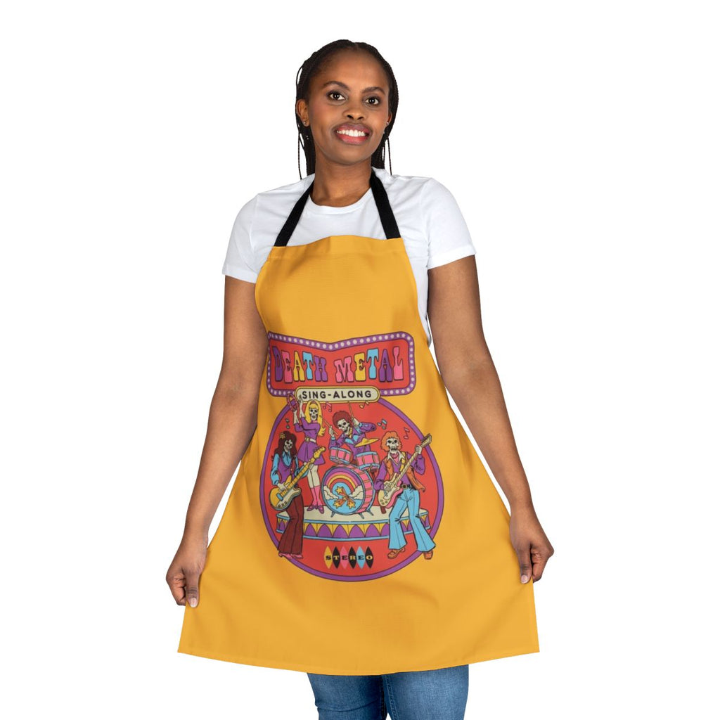 A vintage-style apron with a skeleton band and "Death Metal Sing Along" design, perfect for music and horror enthusiasts.