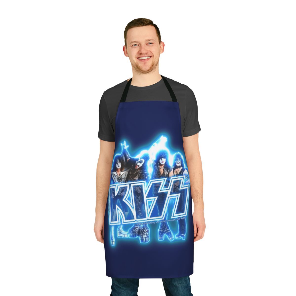 Rocking Kiss the Band inspired glow apron with blue energy design