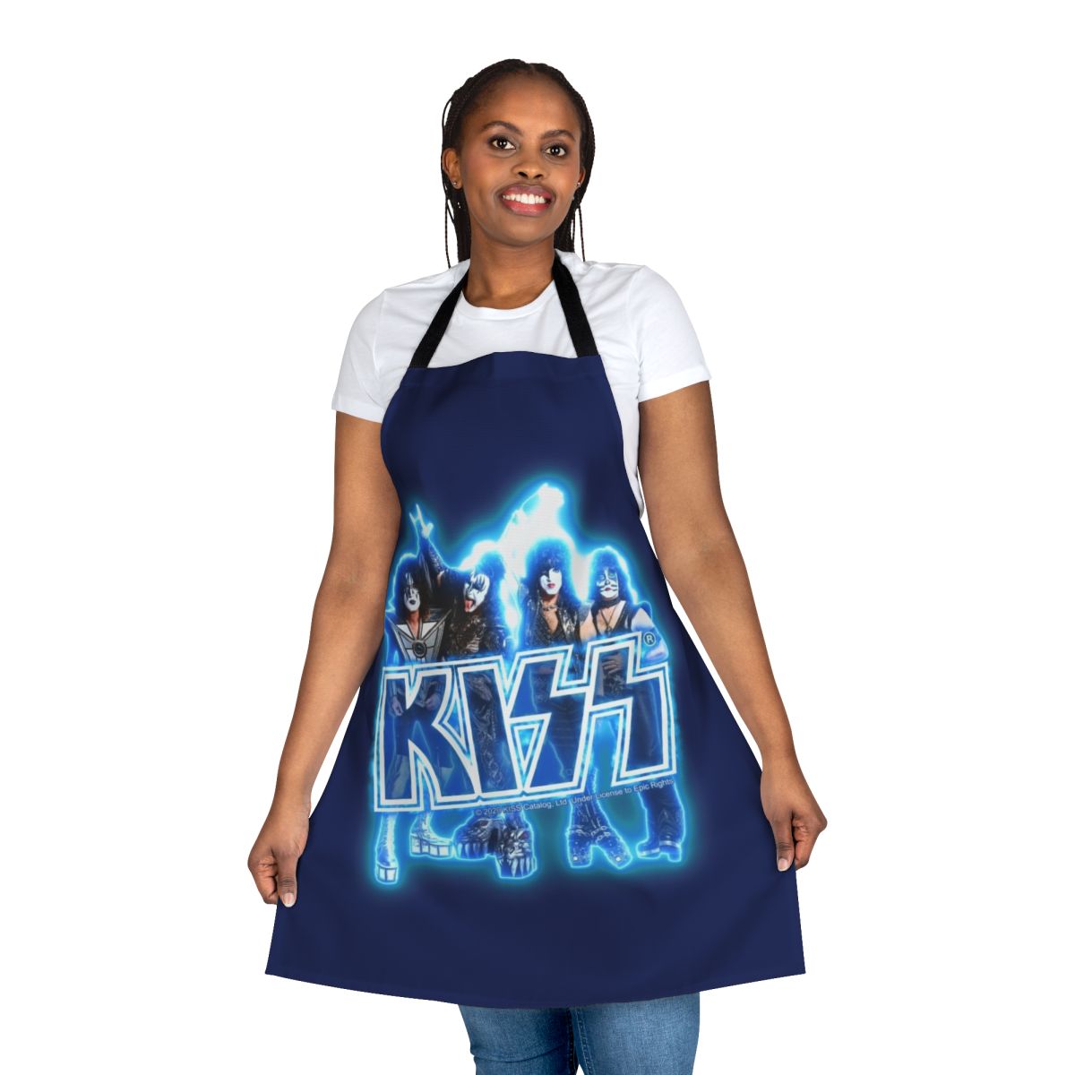 Rocking Kiss the Band inspired glow apron with blue energy design