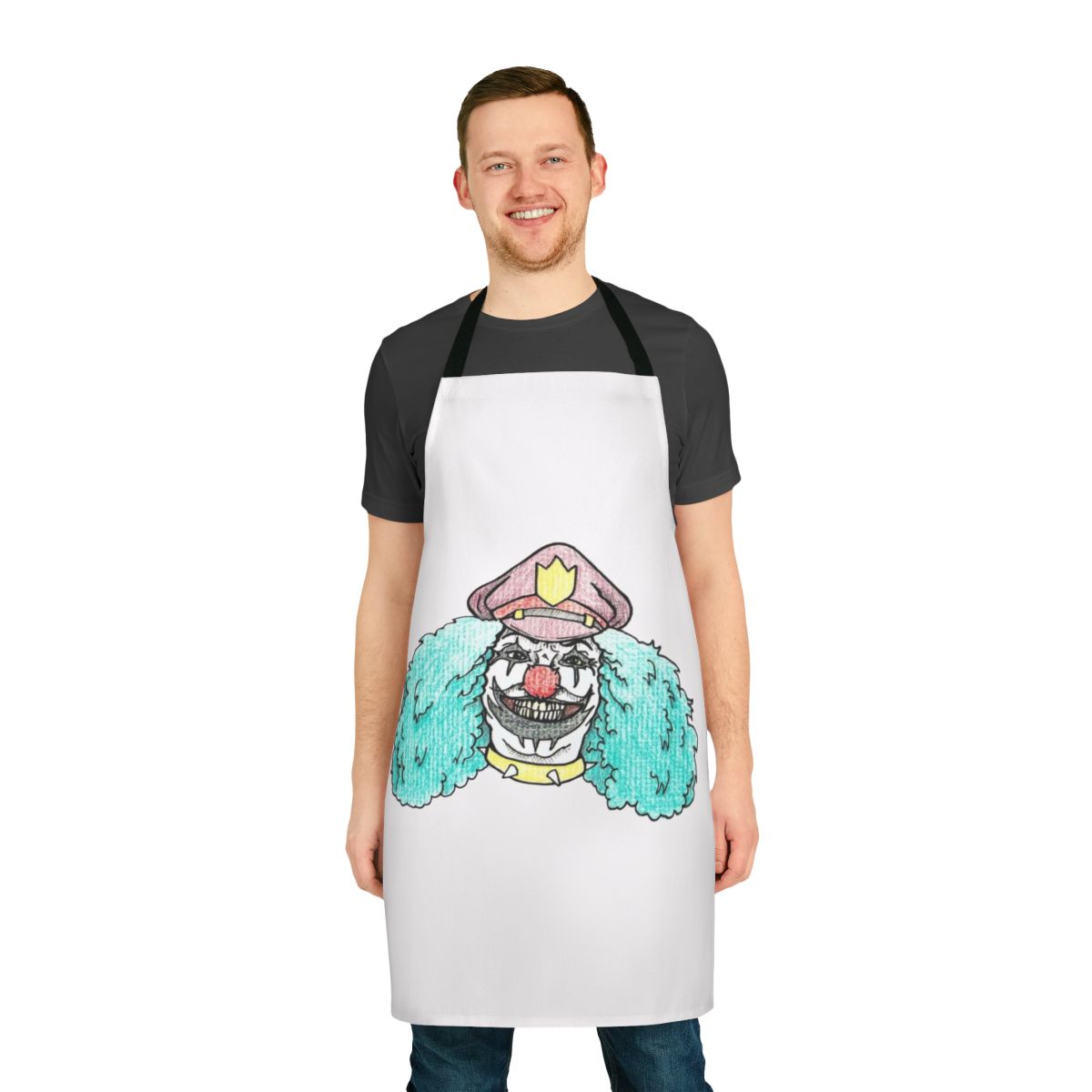 Illustration of Dr. Rockso, the rock and roll clown from Metalocalypse, on a durable apron