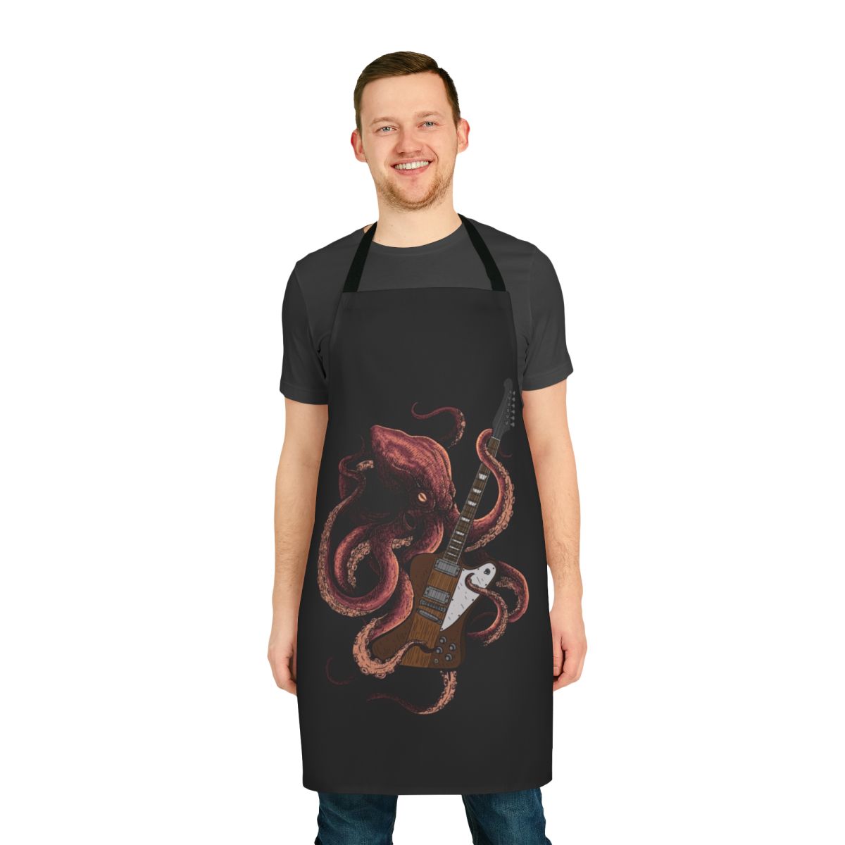 Octopus wearing an electric guitar and playing on a music apron