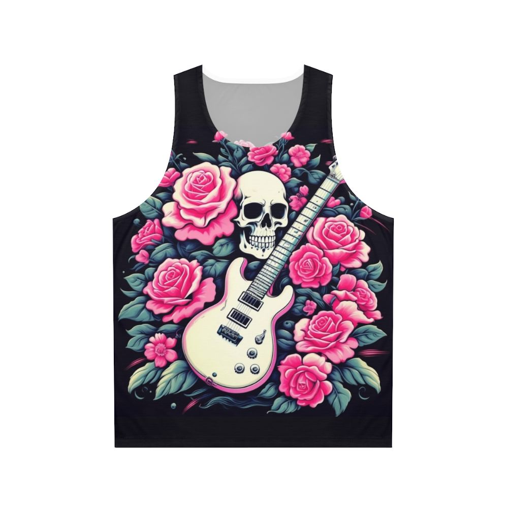 Rocking Roses Unisex Tank Top featuring a guitar and skull design
