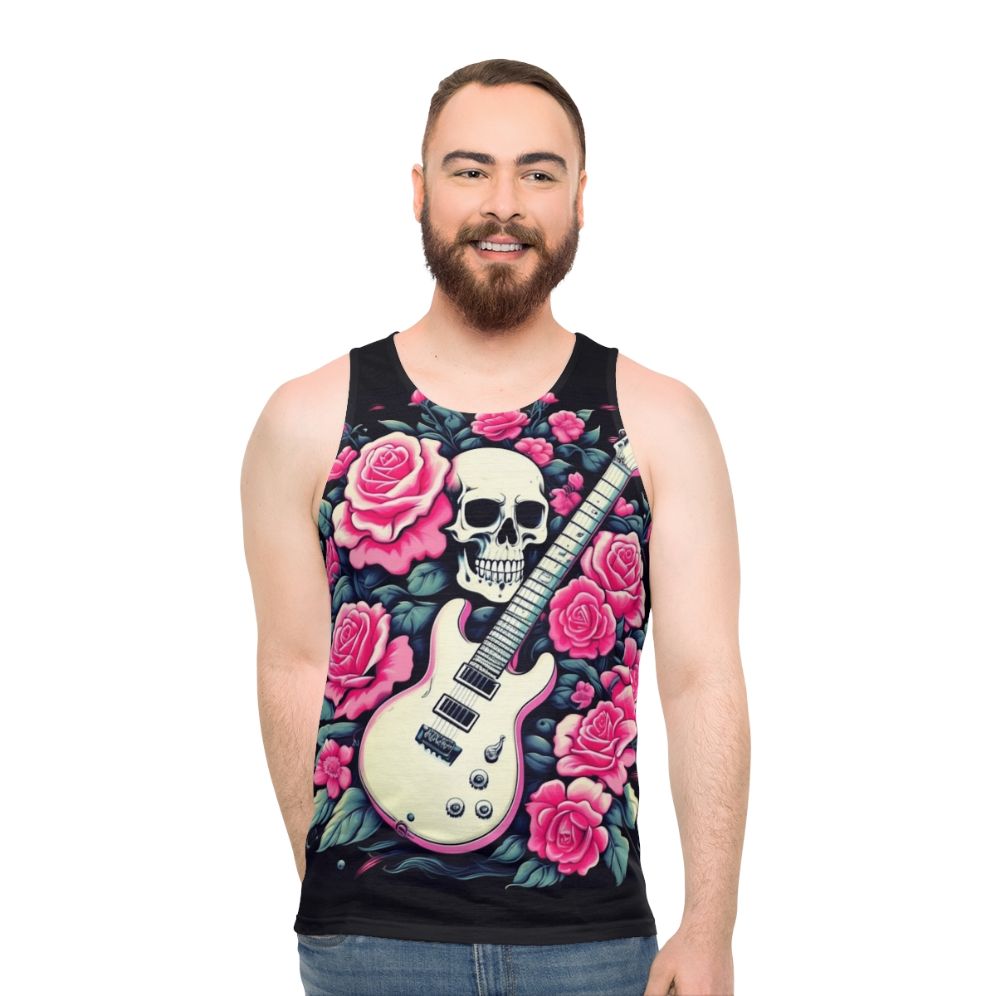 Rocking Roses Unisex Tank Top featuring a guitar and skull design