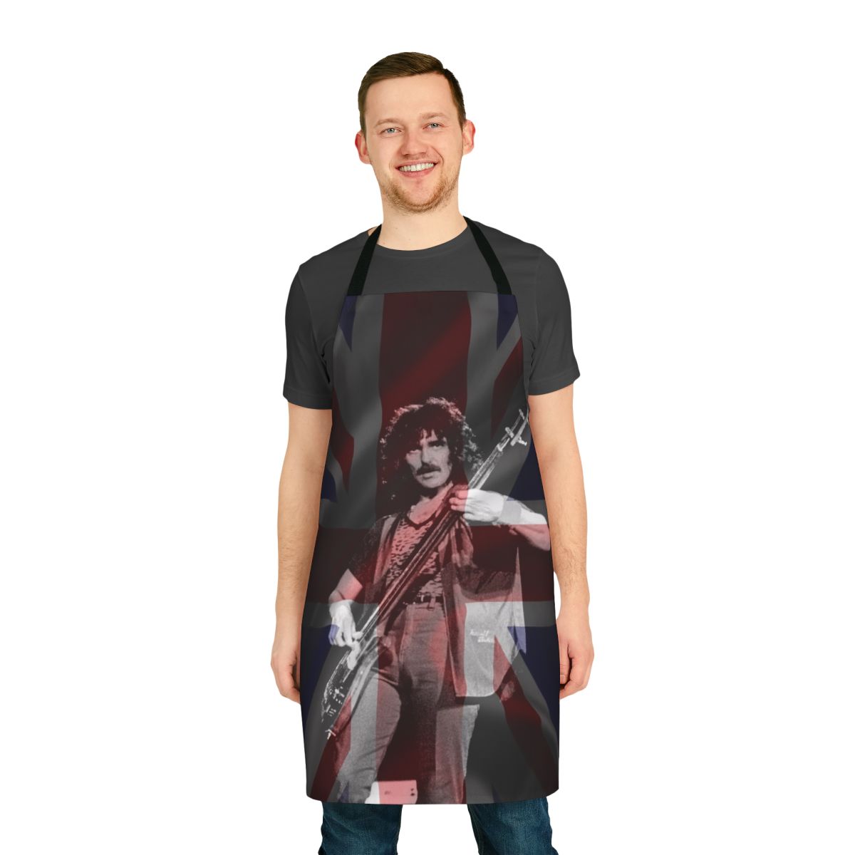 Union Jack-themed apron with Geezer Butler design, perfect for rock music enthusiasts