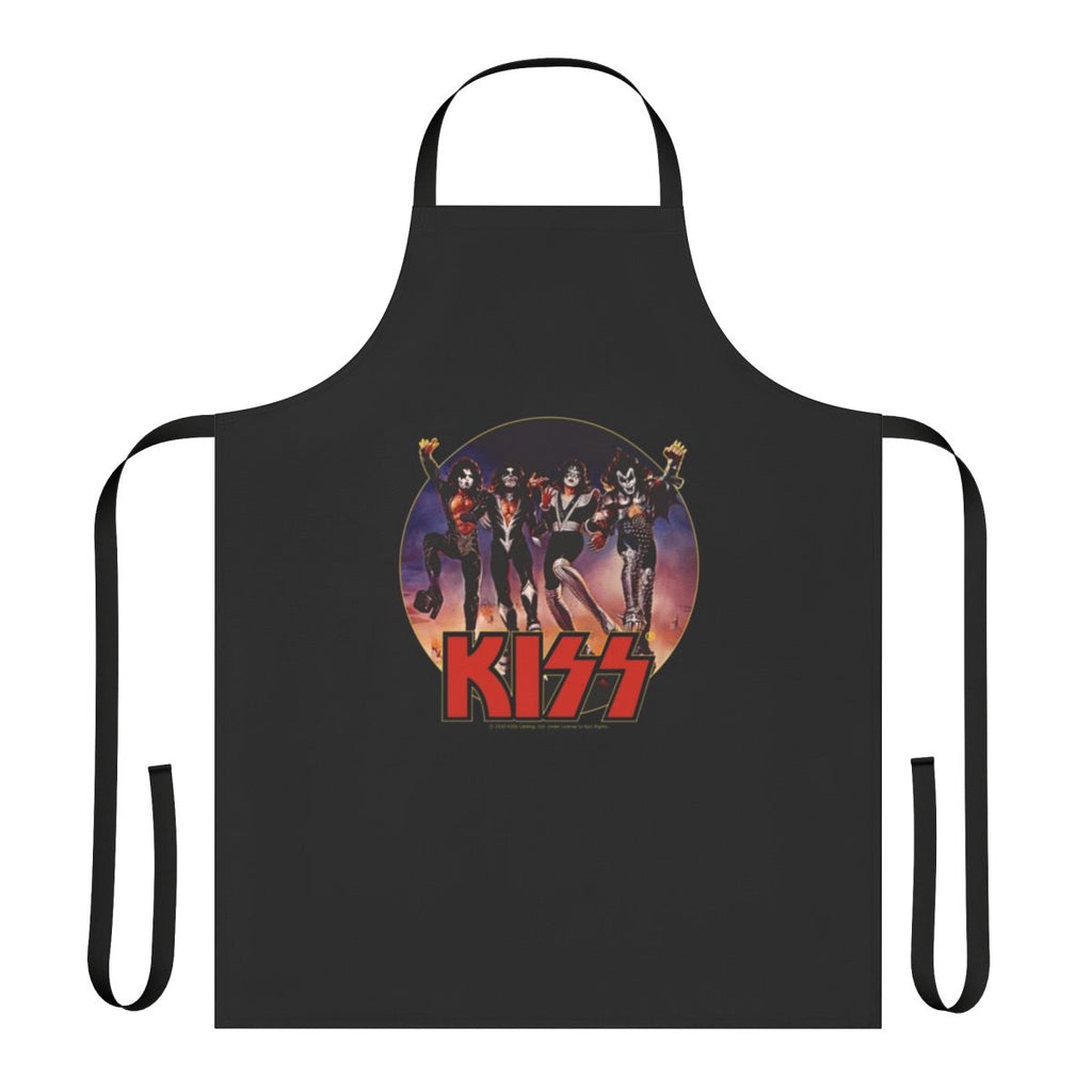 A black apron with the iconic Kiss band logo and member illustrations, perfect for rock music fans in the kitchen.