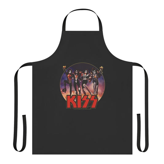 A black apron with the iconic Kiss band logo and member illustrations, perfect for rock music fans in the kitchen.