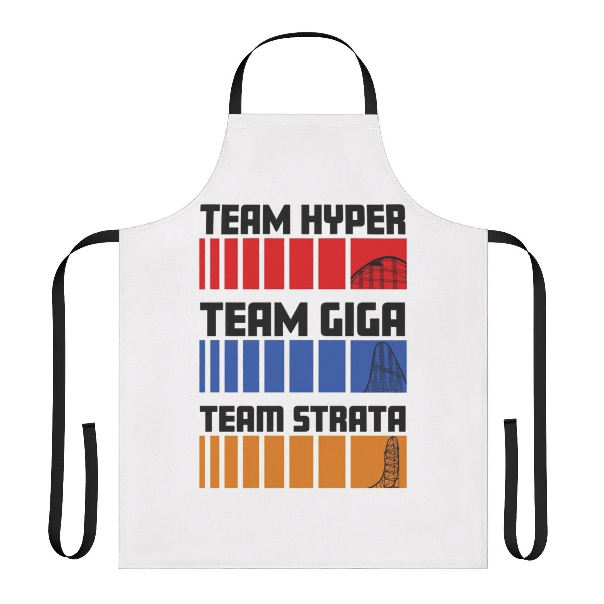 Roller coaster enthusiast apron featuring hyper, giga, and strata roller coaster designs