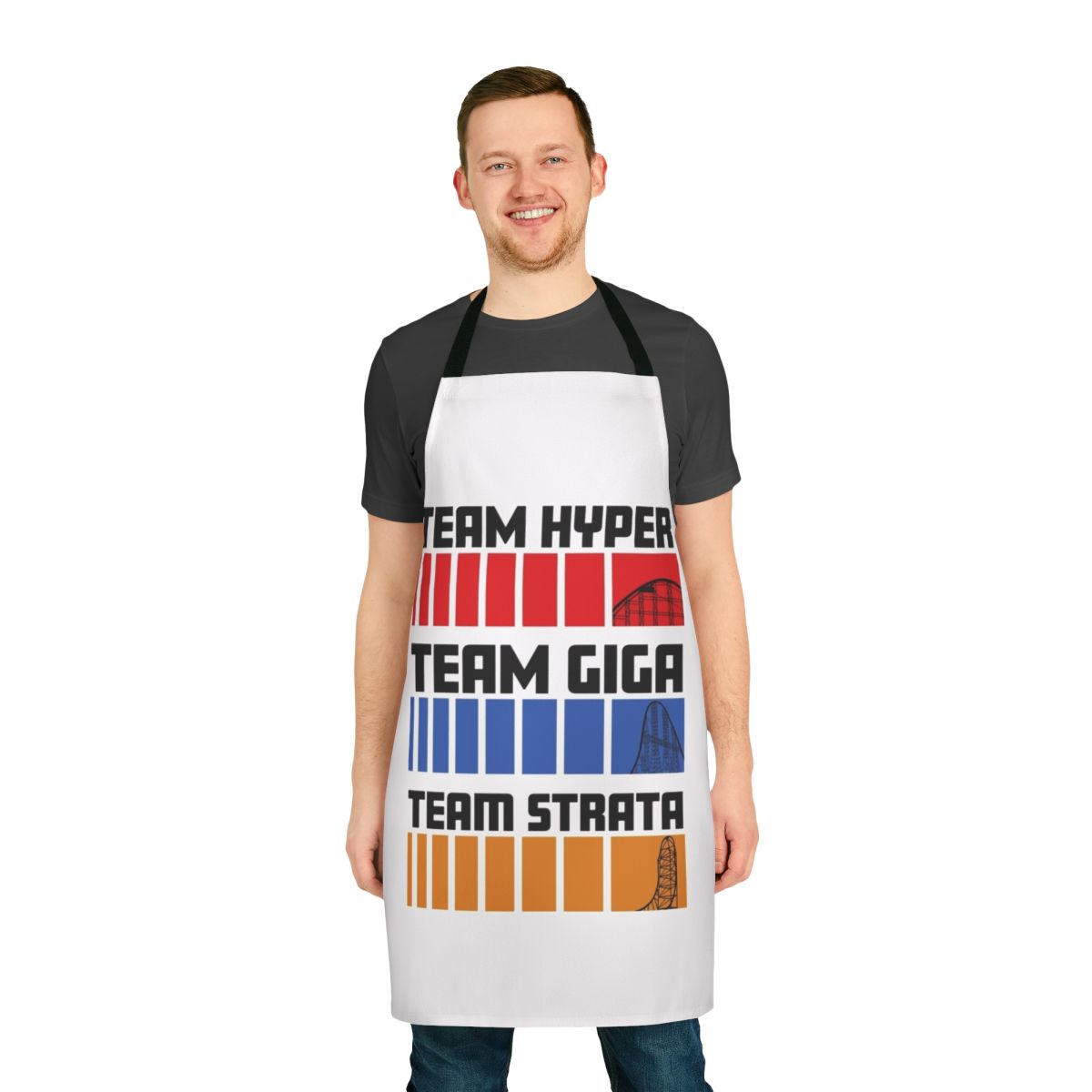 Roller coaster enthusiast apron featuring hyper, giga, and strata roller coaster designs
