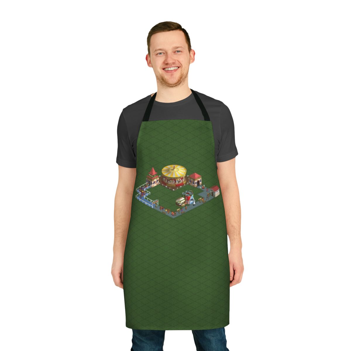 Rollercoaster-inspired merry-go-round pattern on a durable apron