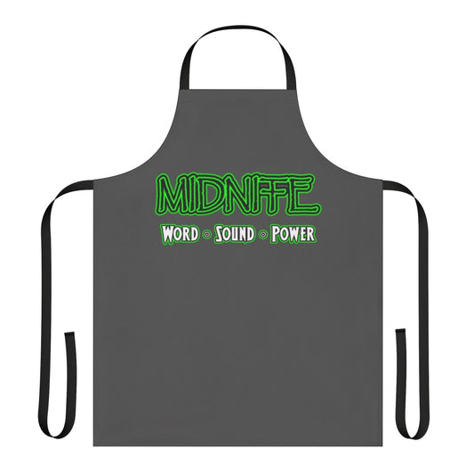 Black reggae-inspired apron with Midnite and Roots Reggae design