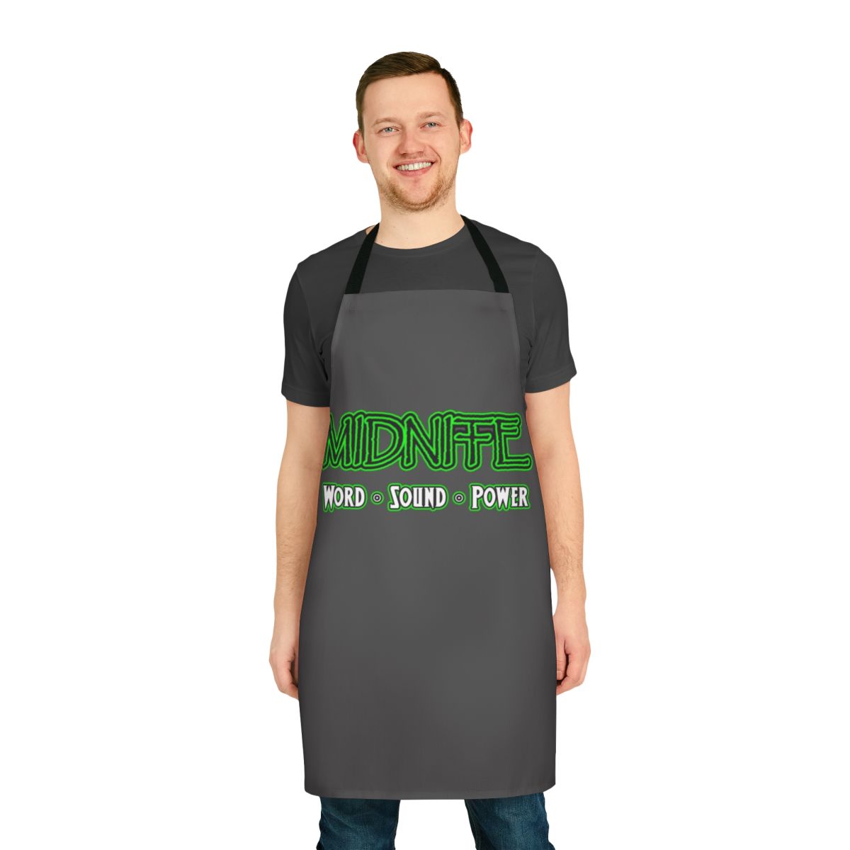 Black reggae-inspired apron with Midnite and Roots Reggae design