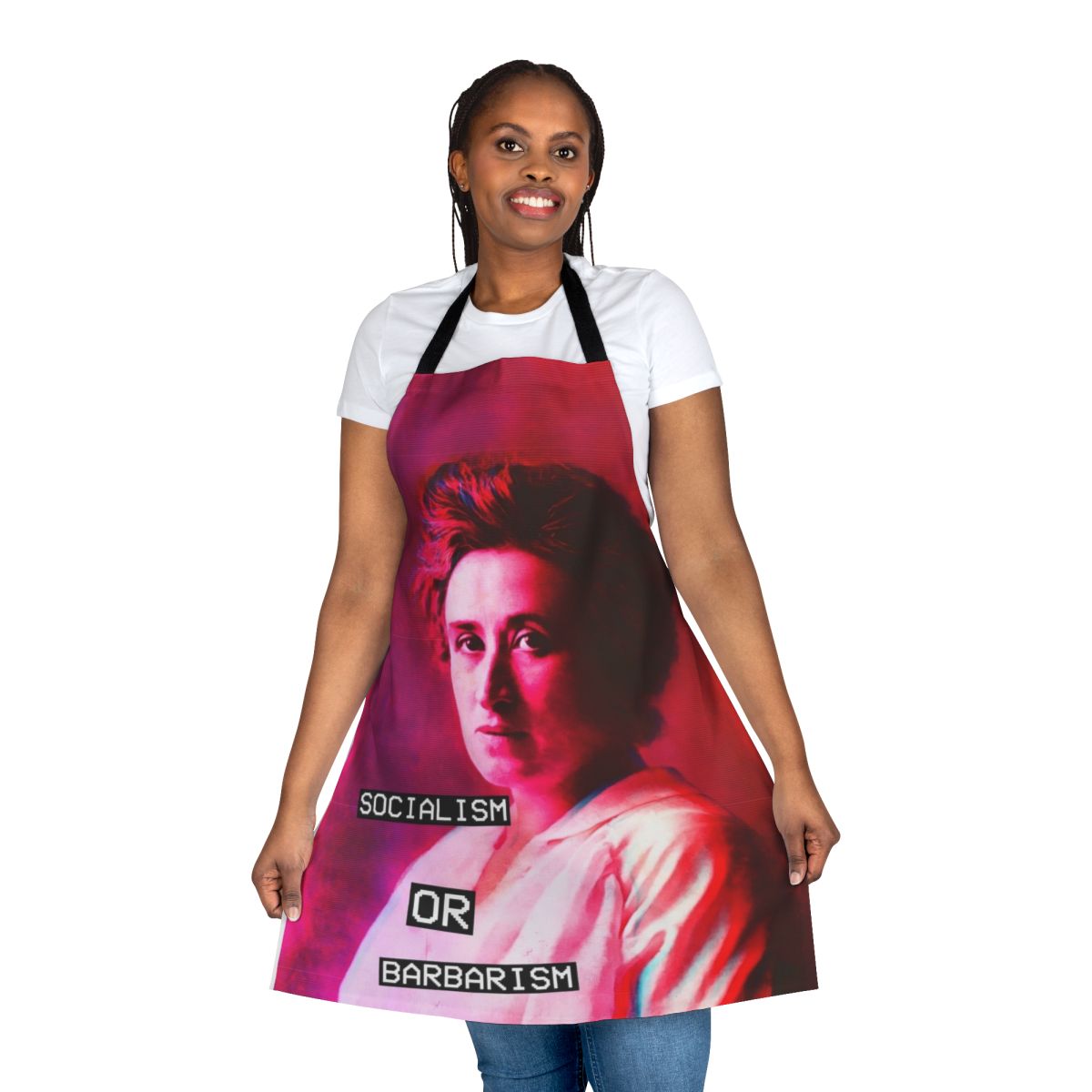 Rosa Luxemburg inspired antifascist apron with anarchist, communist, and feminist symbolism