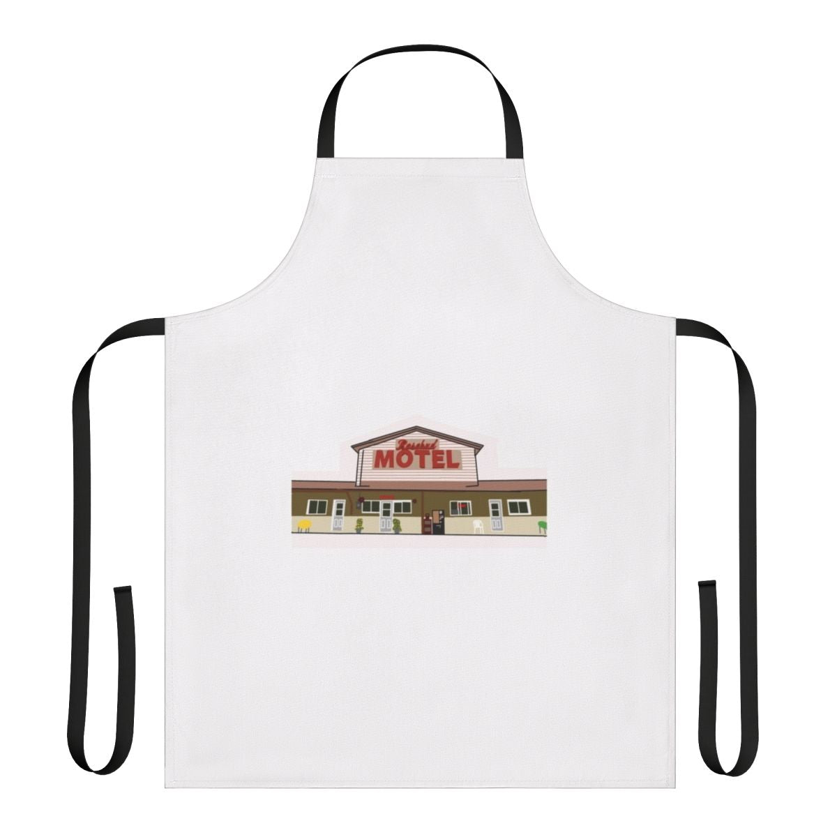 Rosebud Motel apron featuring the iconic logo from the TV series Schitt's Creek