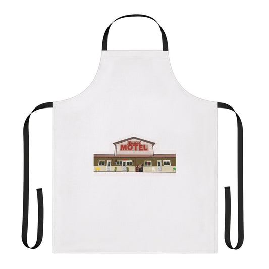 Rosebud Motel apron featuring the iconic logo from the TV series Schitt's Creek
