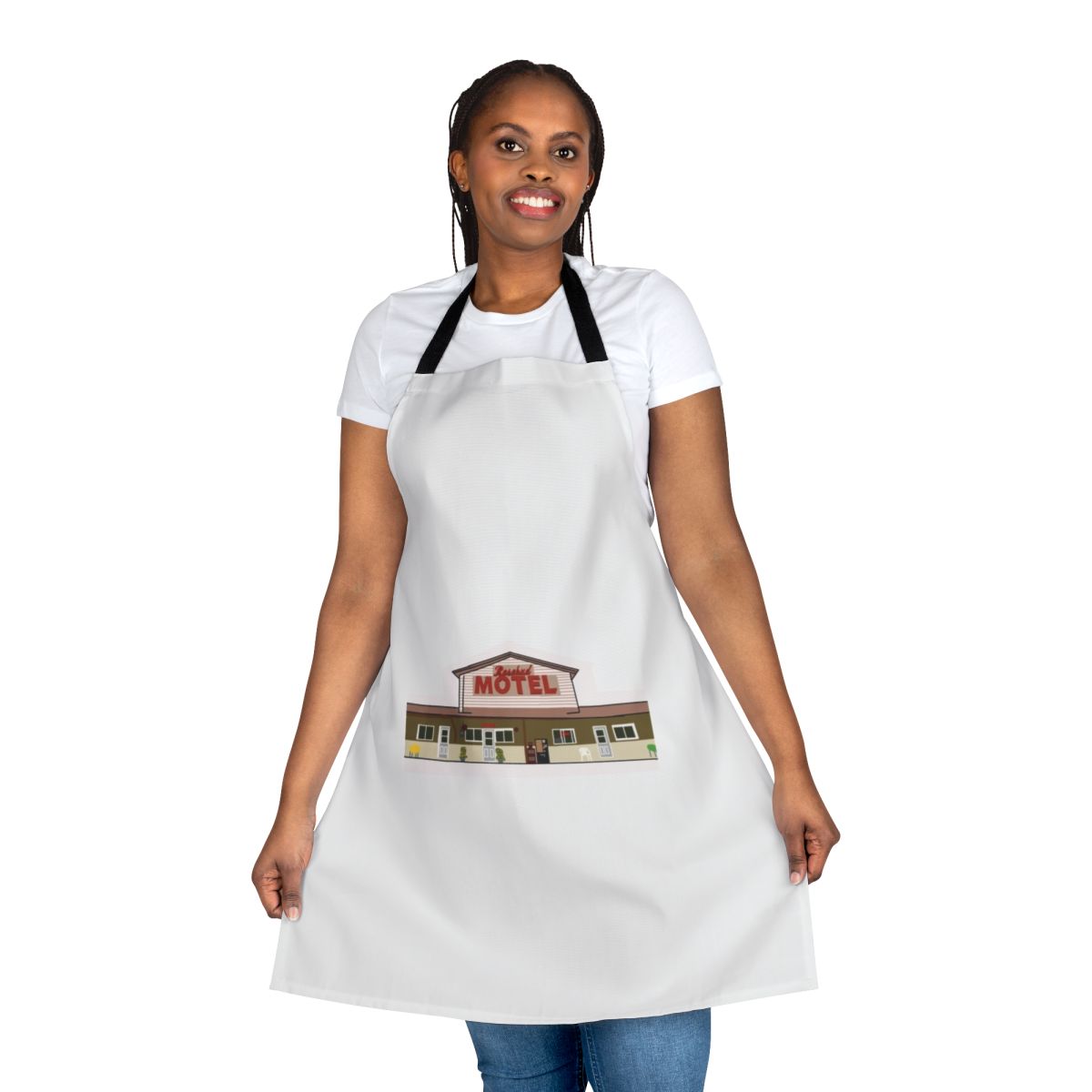 Rosebud Motel apron featuring the iconic logo from the TV series Schitt's Creek