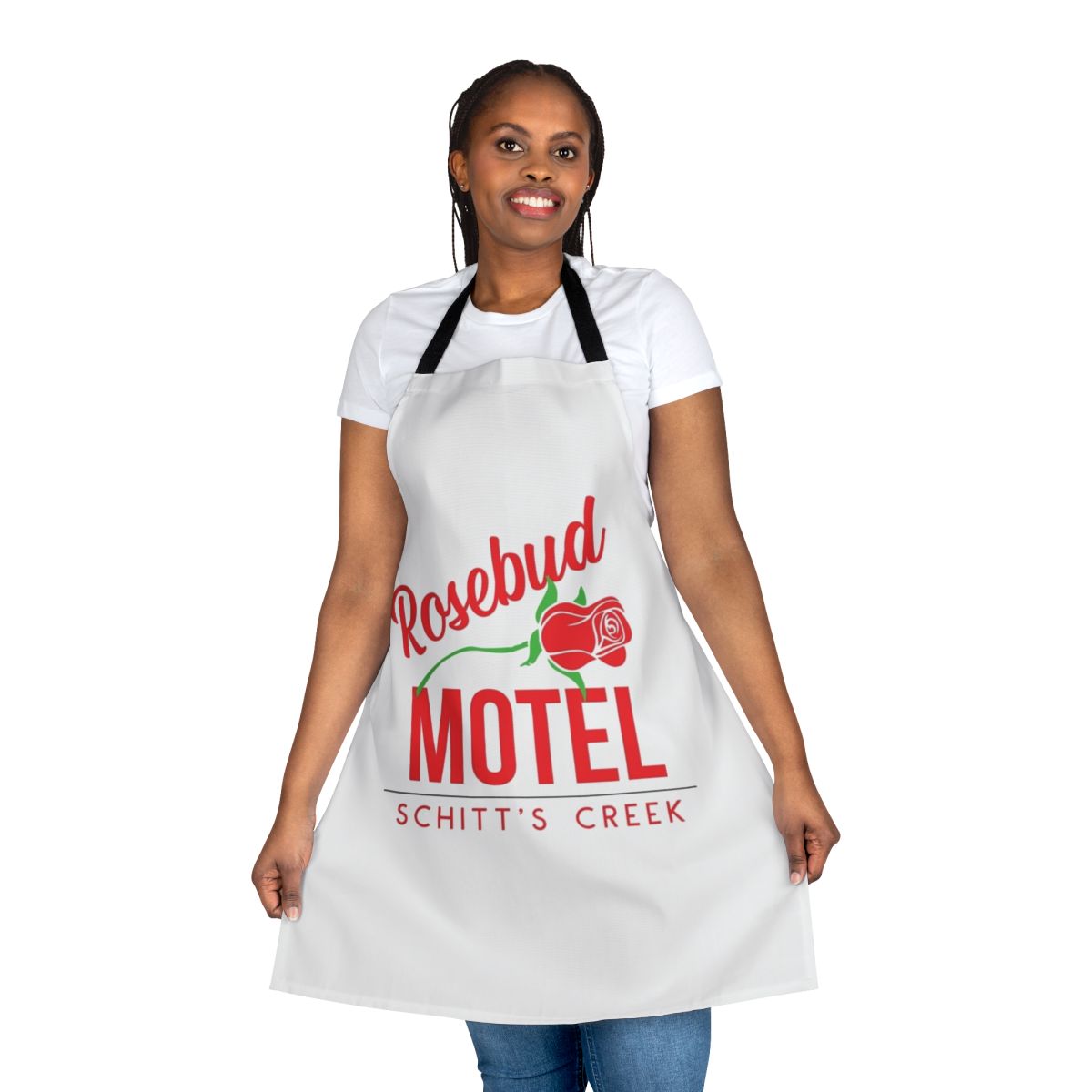 Rosebud Motel inspired apron featuring the iconic logo from the TV show Schitt's Creek