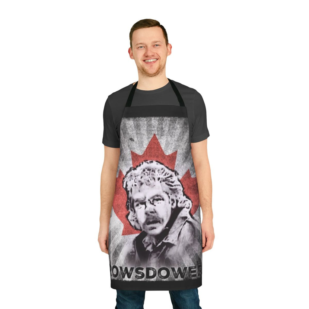 Rowsdower-Inspired Denim Apron with Maple Leaf, Mullet, and Beer Motifs