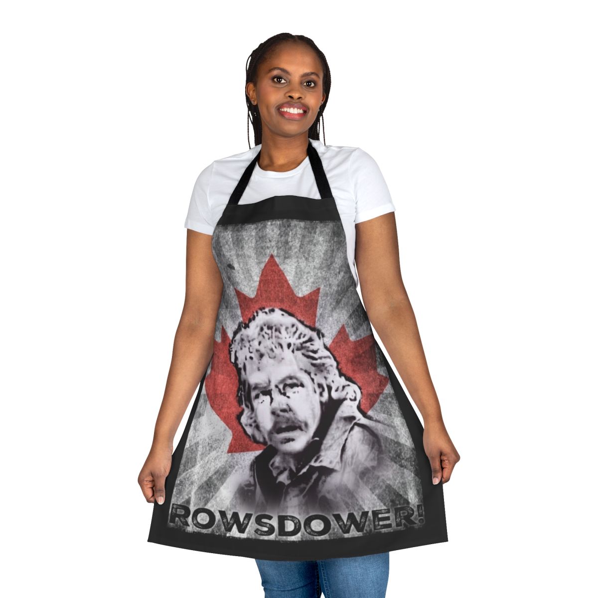 Rowsdower-Inspired Denim Apron with Maple Leaf, Mullet, and Beer Motifs