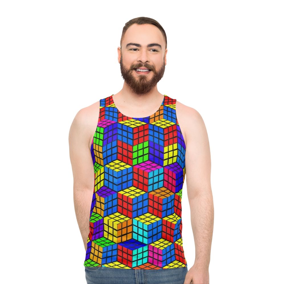 Unisex tank top with Rubik's cube inspired geometric pattern