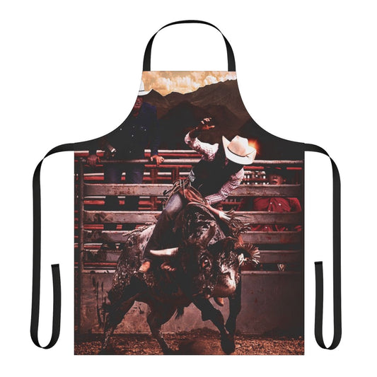 A sturdy apron featuring a bucking bull design, perfect for rodeo and western-themed events.