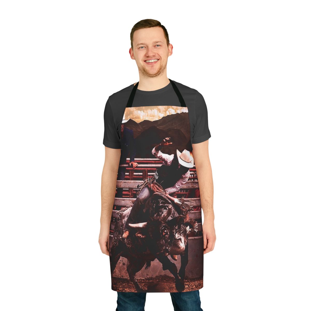 A sturdy apron featuring a bucking bull design, perfect for rodeo and western-themed events.