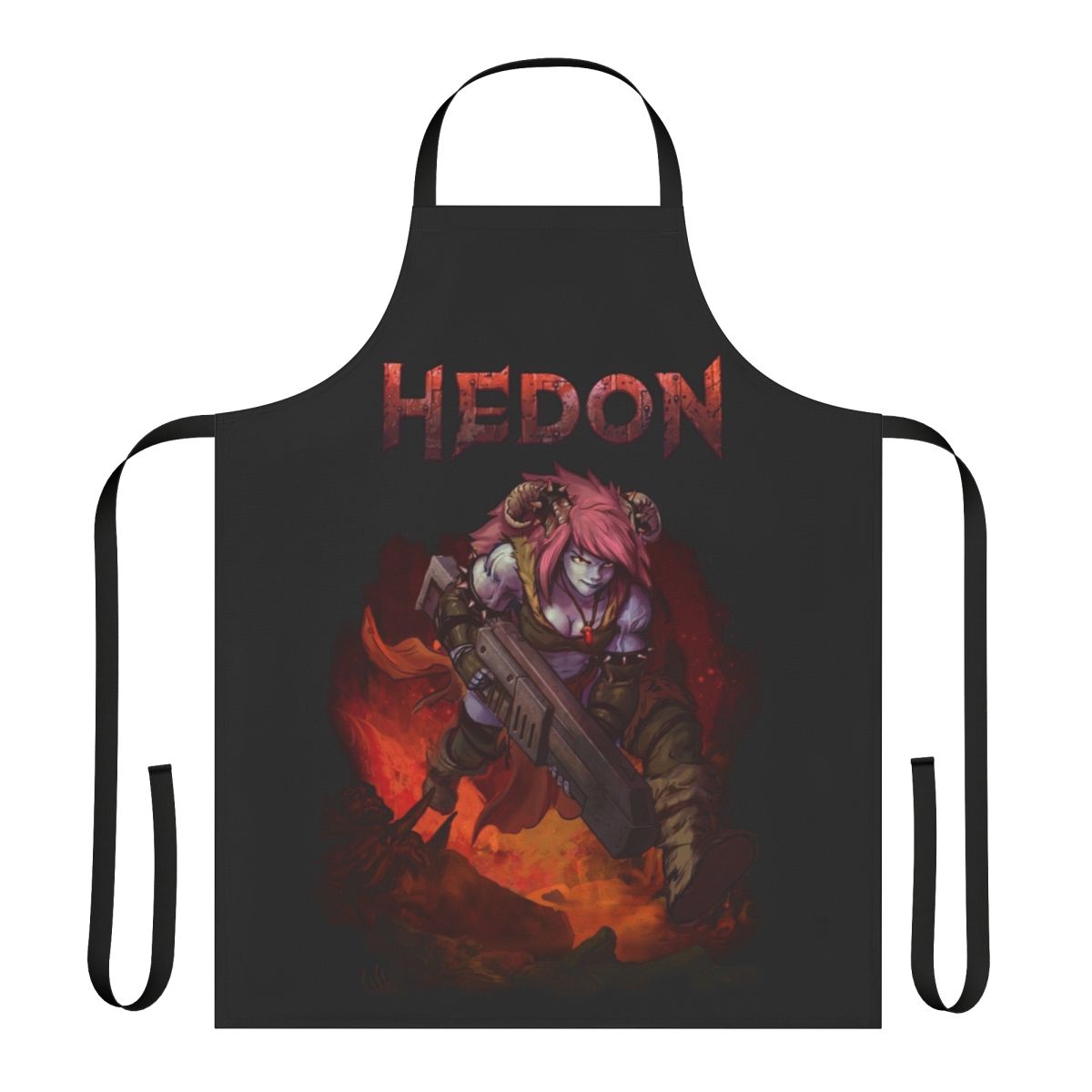 Rugged apron with fantasy character design featuring horns, gun, and splash art-inspired colors