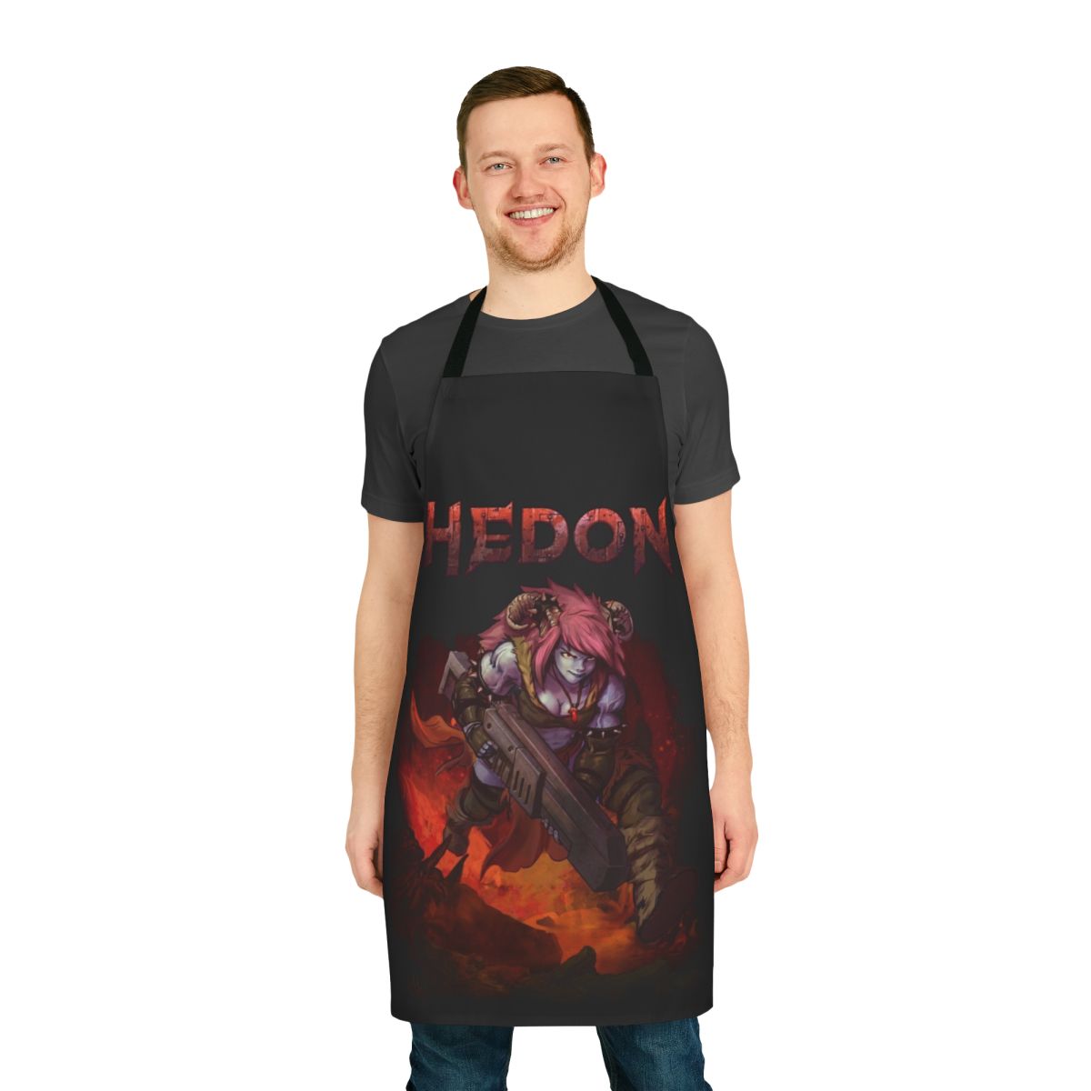 Rugged apron with fantasy character design featuring horns, gun, and splash art-inspired colors