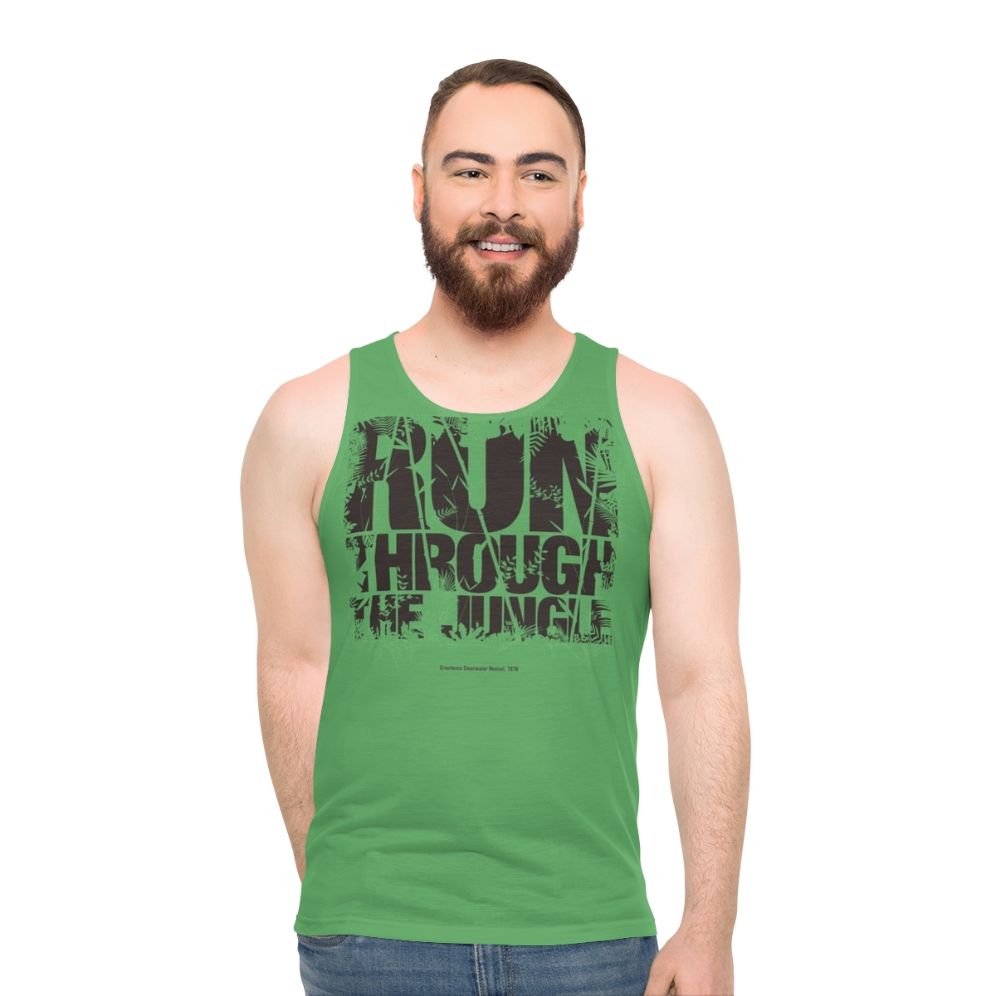 Unisex tank top with "Run Through The Jungle" graphic