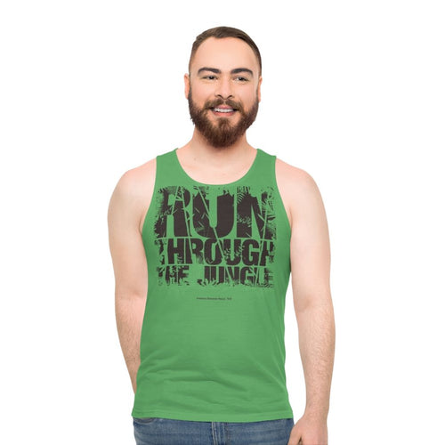 Unisex tank top with "Run Through The Jungle" graphic