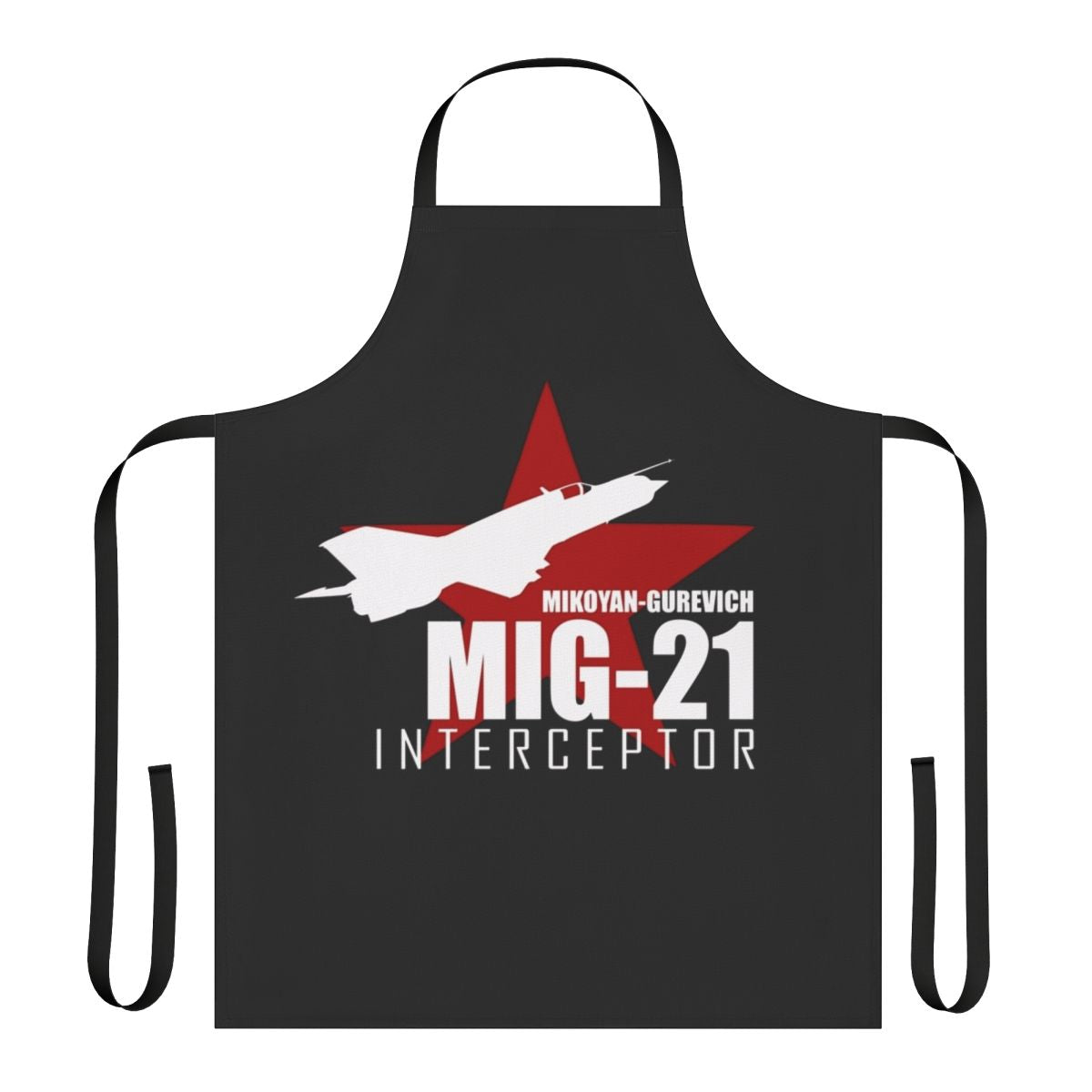 MiG 21 fighter jet silhouette printed on a durable apron for aviation enthusiasts