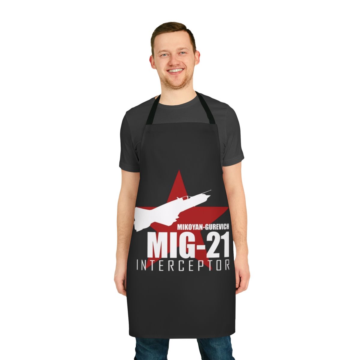 MiG 21 fighter jet silhouette printed on a durable apron for aviation enthusiasts
