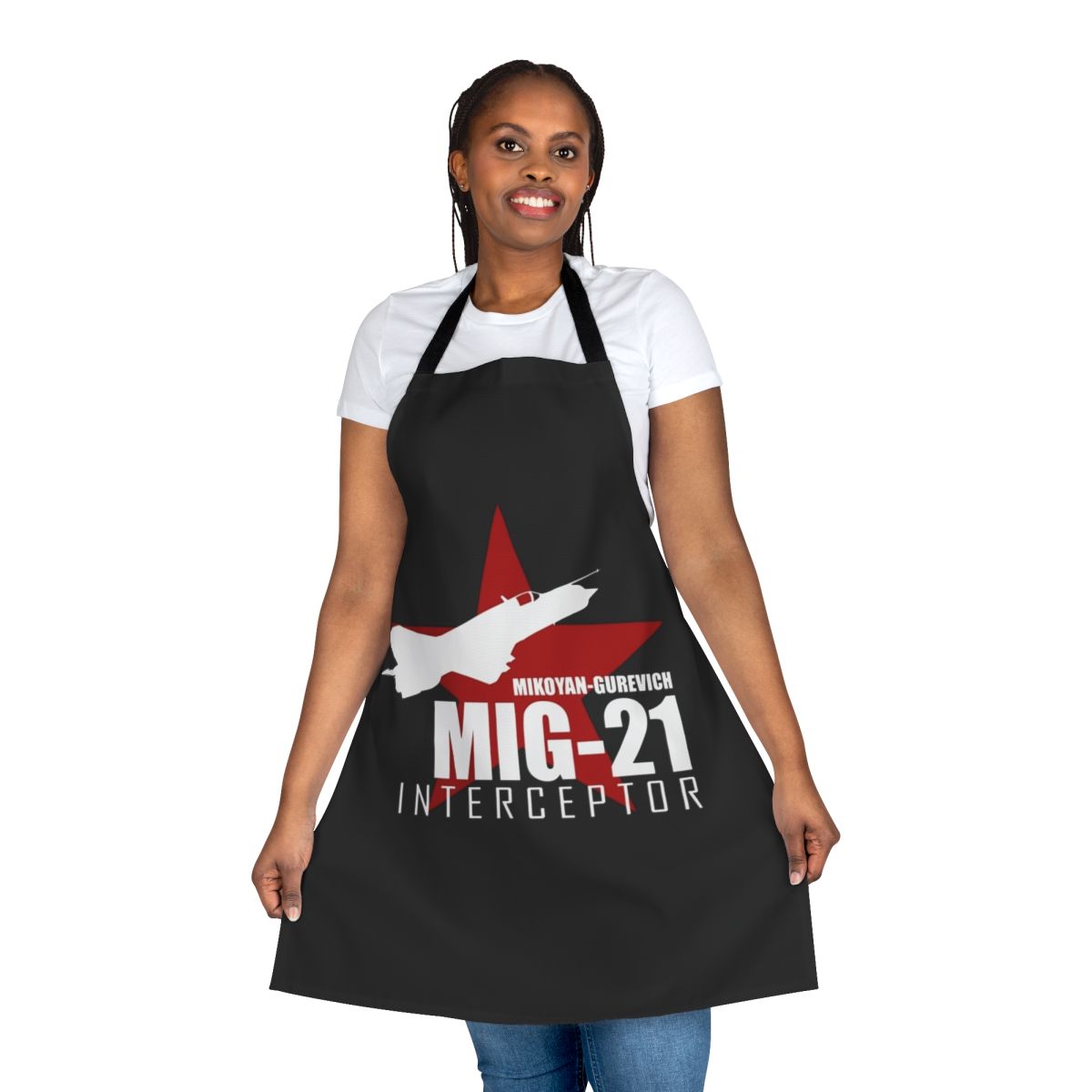 MiG 21 fighter jet silhouette printed on a durable apron for aviation enthusiasts