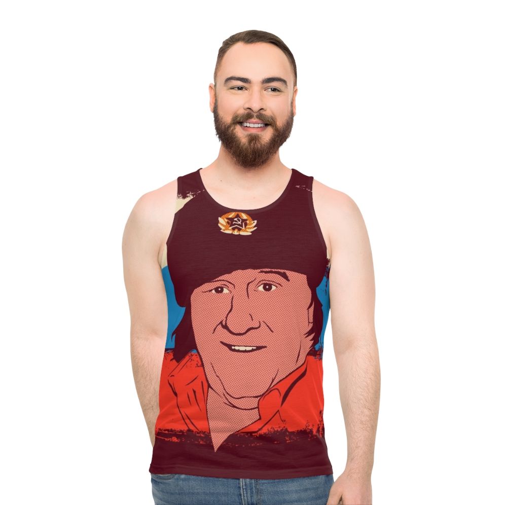 Unisex Russian pop art tank top featuring a contemporary vector illustration of actor Gerard Depardieu