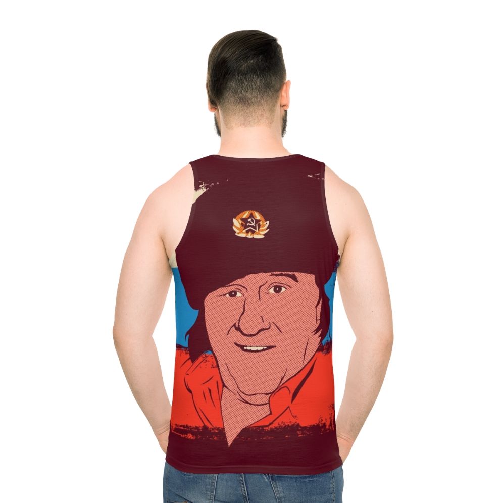 Unisex Russian pop art tank top featuring a contemporary vector illustration of actor Gerard Depardieu