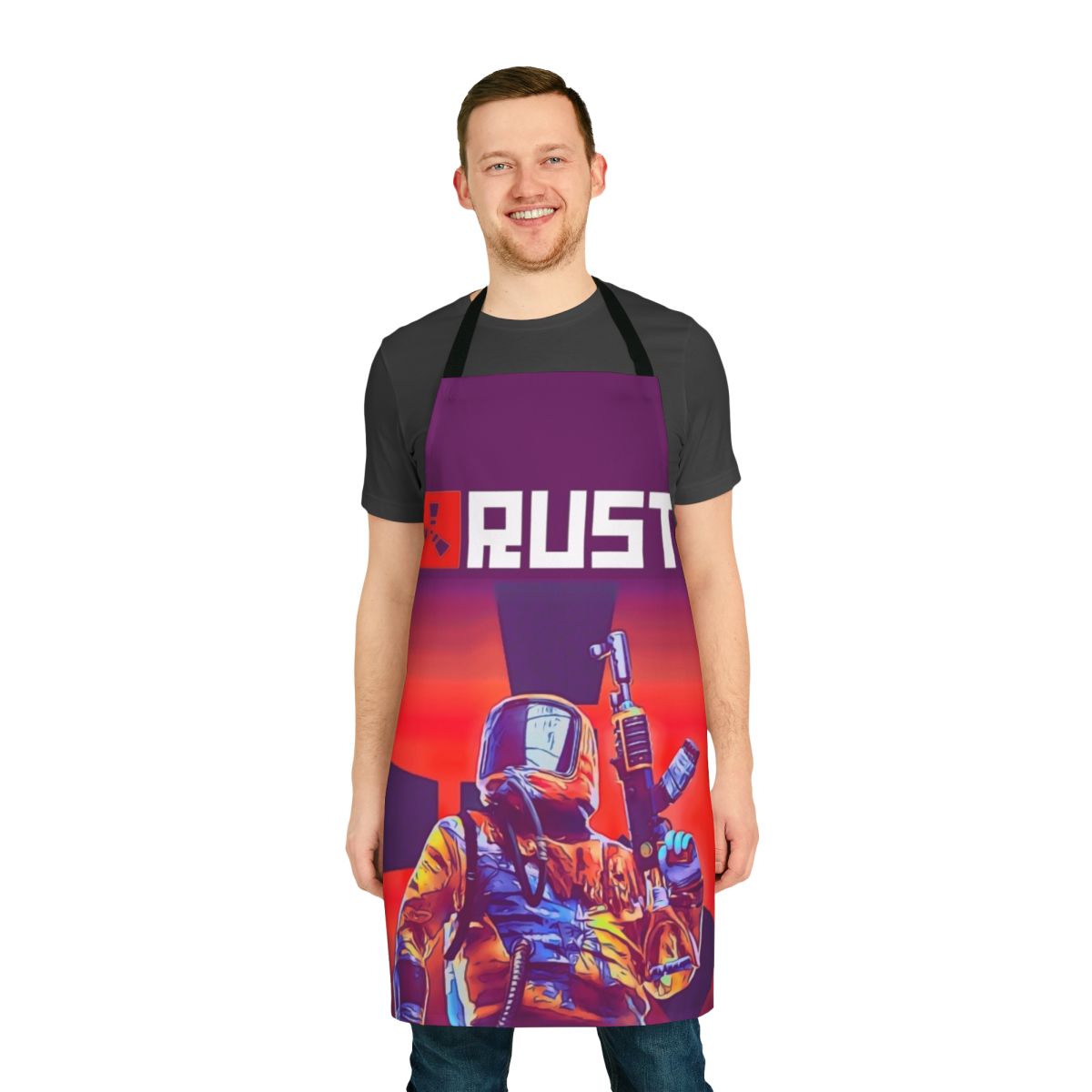 Rust-inspired cooking apron with the Rust game logo and design elements