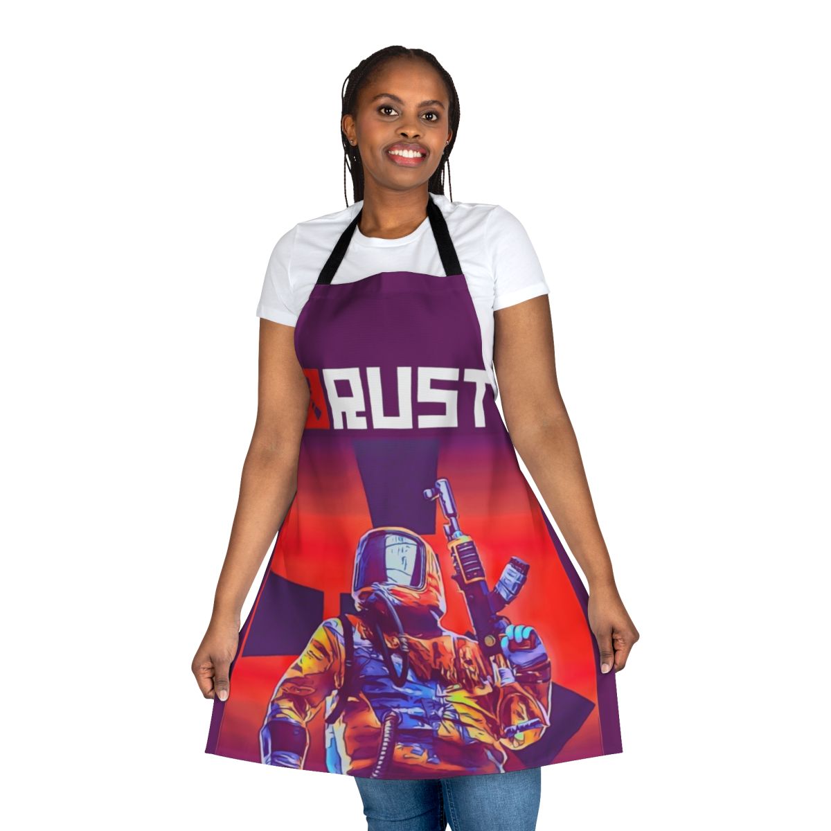 Rust-inspired cooking apron with the Rust game logo and design elements