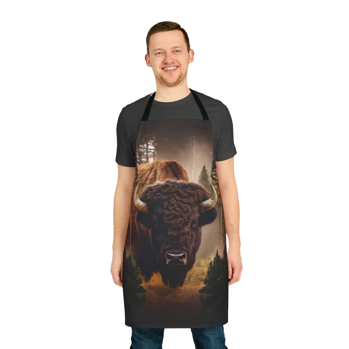 Rustic bison head design printed on an apron for bison lovers