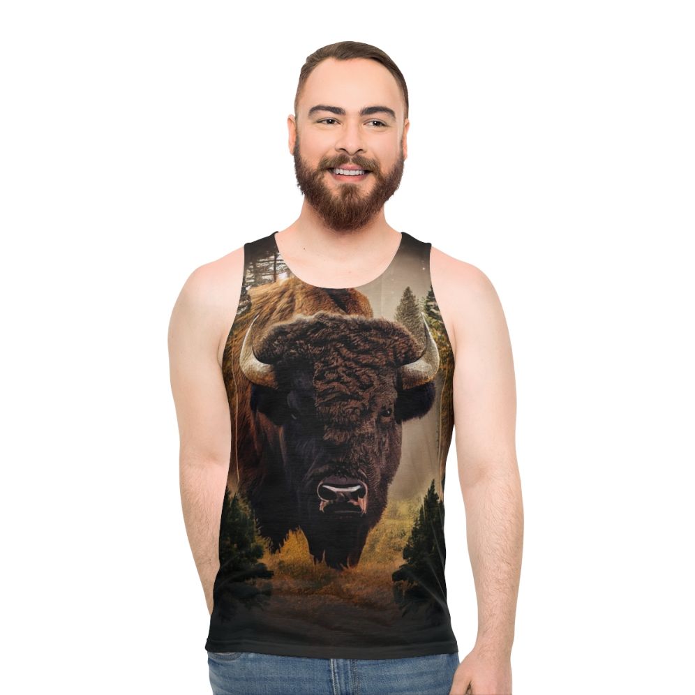 Rustic bison head graphic on a unisex tank top