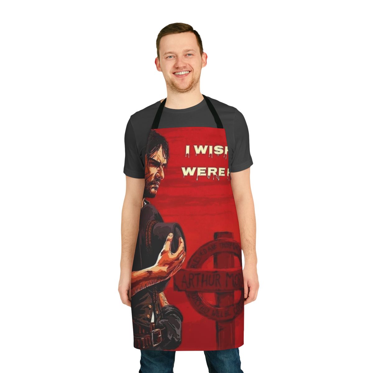 Rustic apron featuring cowboy-inspired design with the name "John Marston" and a focus on video game culture and western themes.