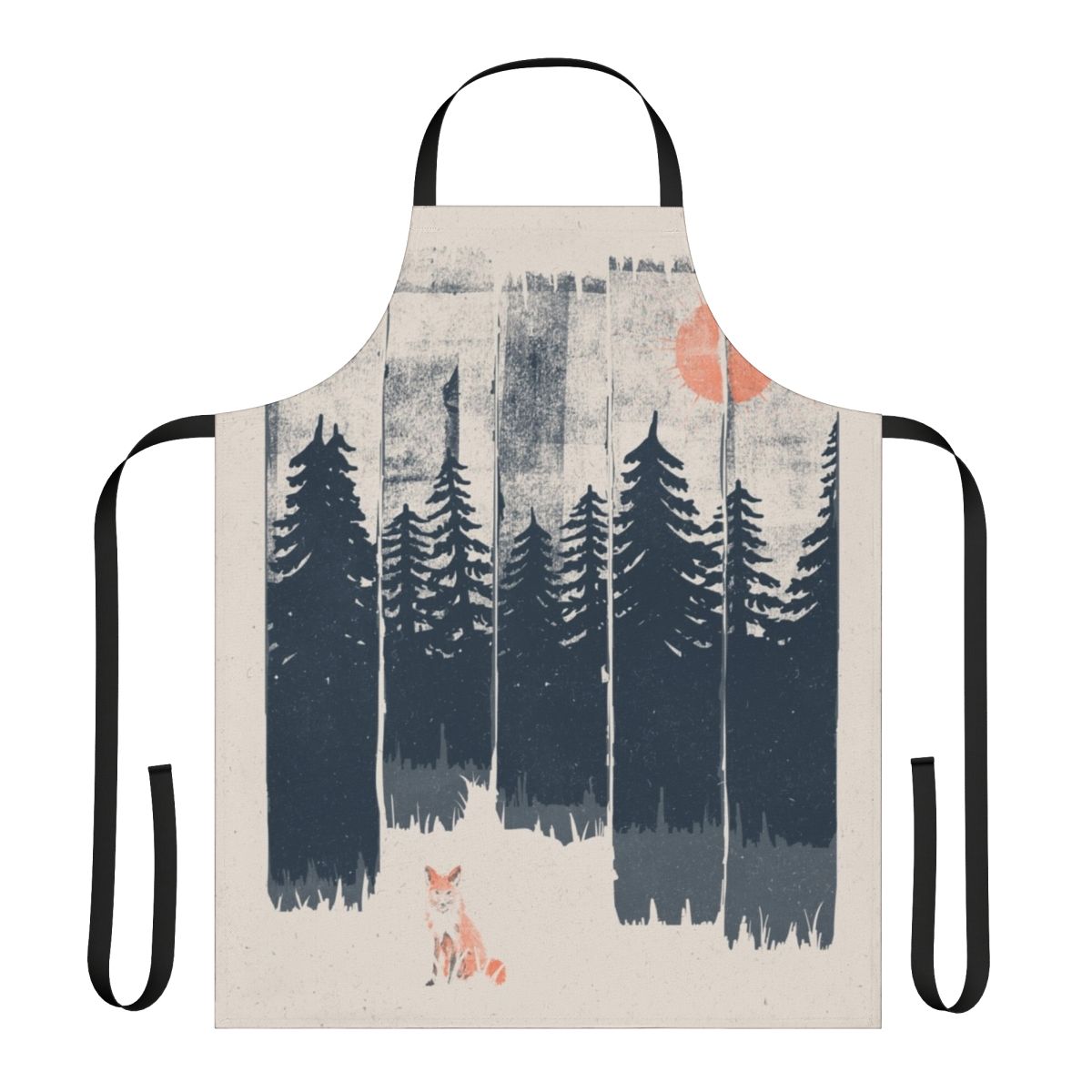 Rustic apron featuring a hand-drawn fox design in a wilderness setting of mountains, trees, and nature
