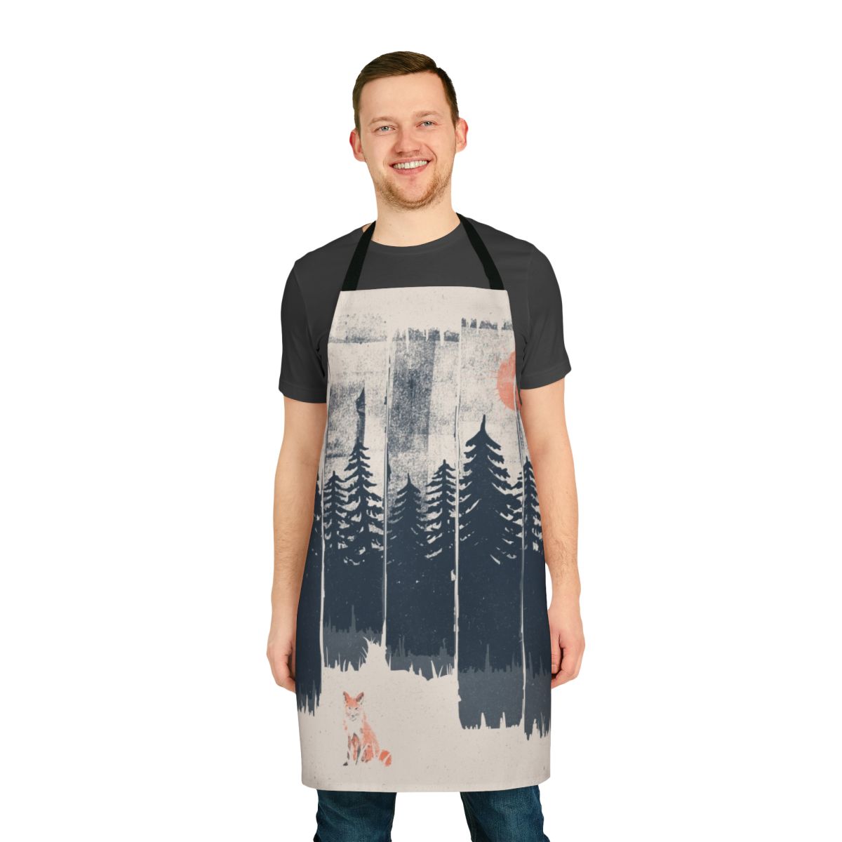 Rustic apron featuring a hand-drawn fox design in a wilderness setting of mountains, trees, and nature