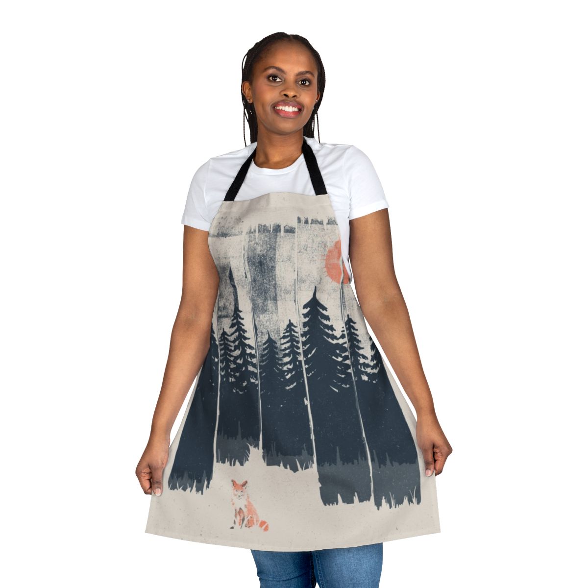 Rustic apron featuring a hand-drawn fox design in a wilderness setting of mountains, trees, and nature