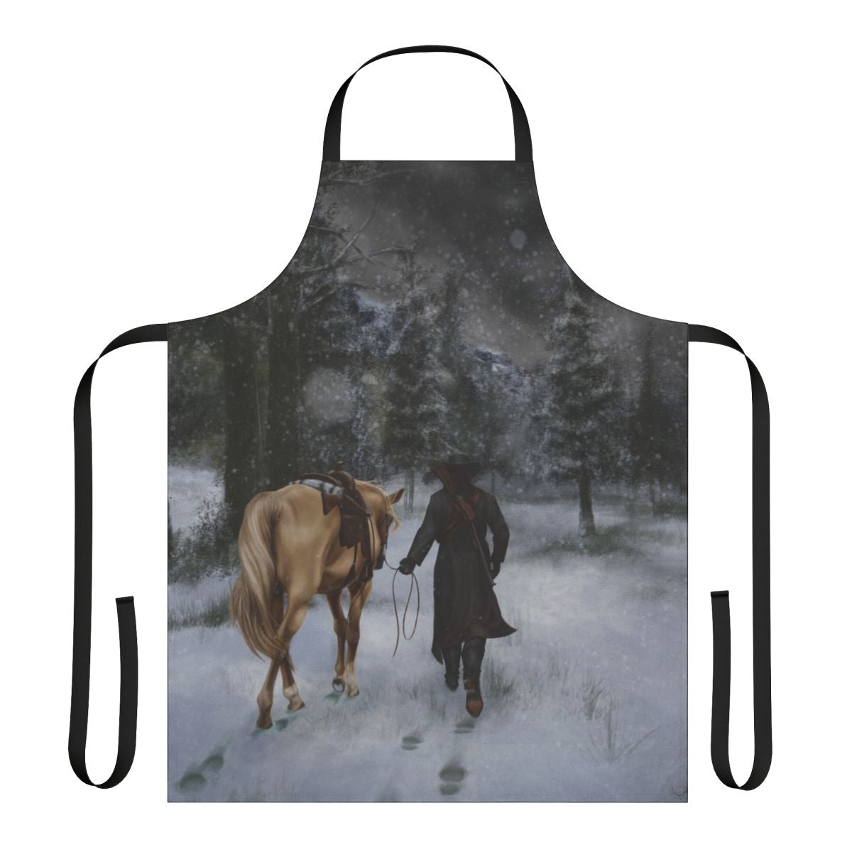 Red Western-style apron with Palomino horse and Tall Trees design