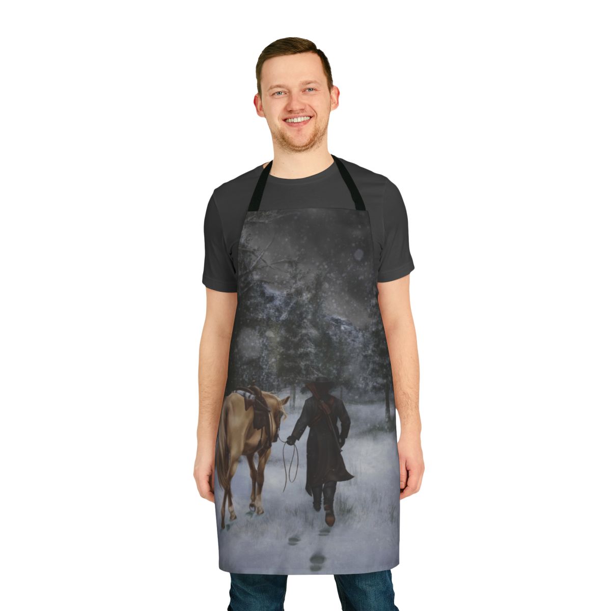Red Western-style apron with Palomino horse and Tall Trees design