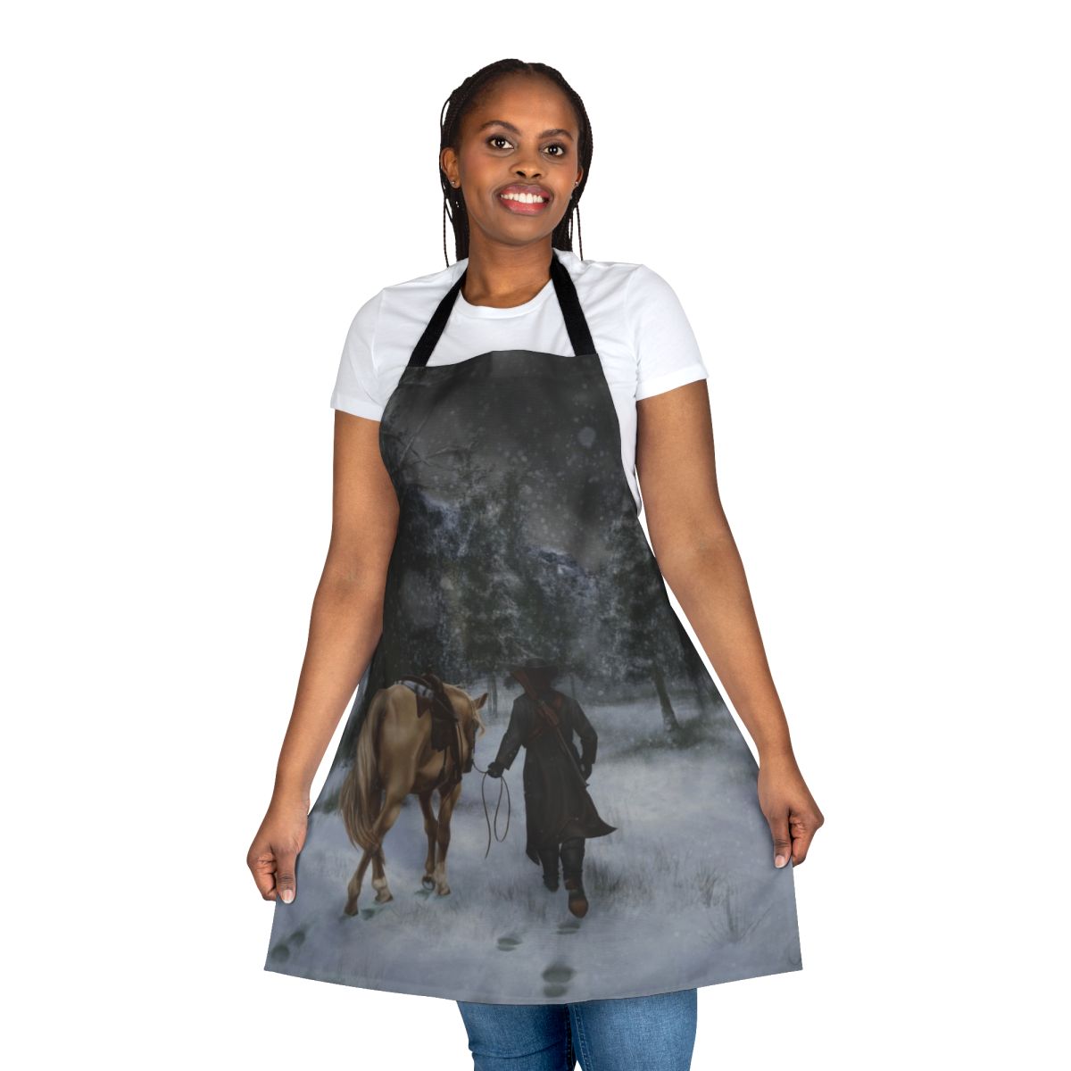 Red Western-style apron with Palomino horse and Tall Trees design