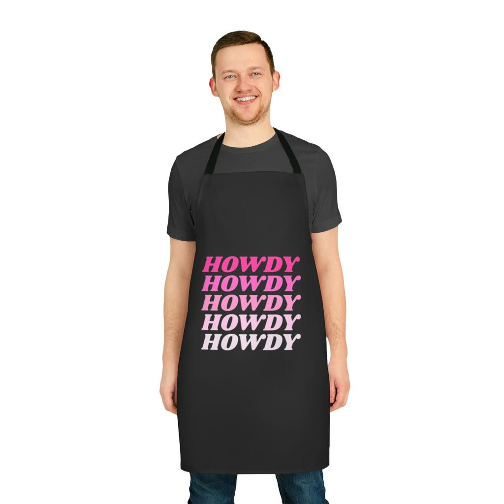 A rustic, western-style apron with a "howdy" design, perfect for cowboys and country enthusiasts